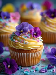 Decorated Cupcakes with Purple and Pink Flowers