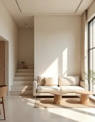 Fototapeta premium Modern minimalist living room clean aesthetic. Pale beige sofa, wooden coffee tables on natural rug. Bright sunlight enters through large window, creating inviting shadows. Stairs lead up to upper