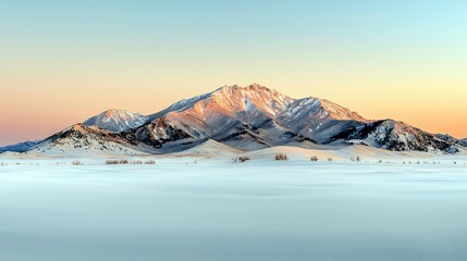 Majestic snow-capped mountains bathed in the warm, golden light of sunrise, with a vast, snow-covered plain in the foreground and a clear, gradient sky above.