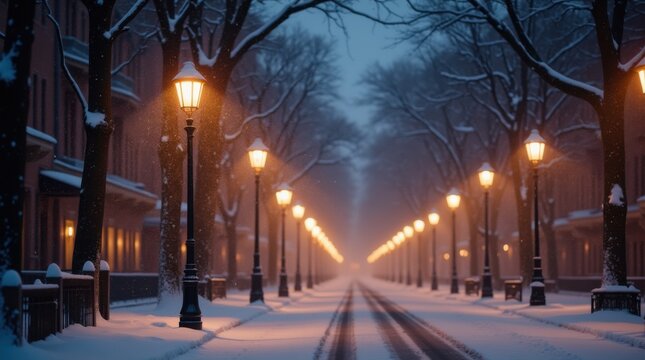 City street lamps glowing as dusk falls early winter afternoon snow falling