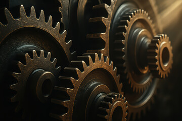 Interlocking mechanical gears metal cogwheel industrial machinery close up view rusty texture warm lighting engineering concept mechanical parts gear system metalwork