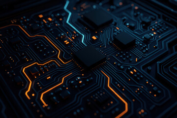Luminous circuitry close up with glowing orange lines on dark electronic board, showcasing intricate technology and modern design in captivating composition