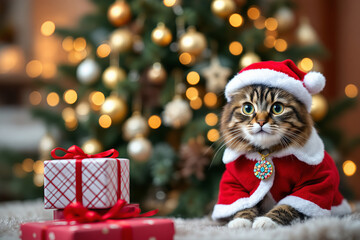 Cute Christmas Cat in Santa Suit: Festive Holiday Kitten with Gifts & Tree. Adorable Pet Portrait for Christmas Card & Seasonal Decor.