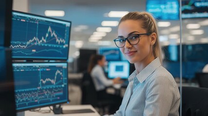 Female trader analyzing stock market data on monitors and smiling at camera in busy office - Powered by Adobe