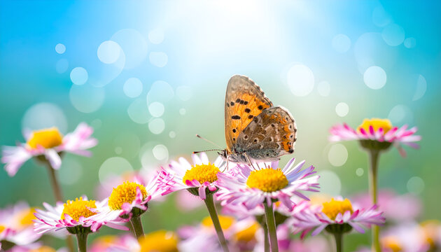 Orange butterfly on daisy flowers in a sunny spring meadow with bokeh background