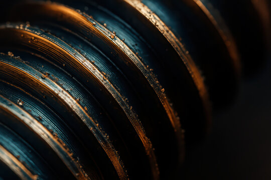 Macro close up of metal bolt thread with rust and texture details in dark moody lighting, showing industrial and mechanical elements with sharp focus and warm highlights