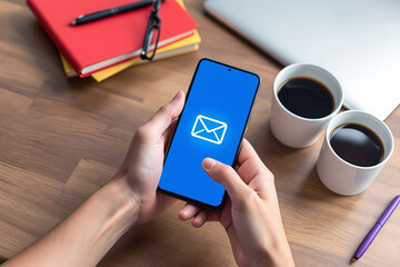 Email Marketing on Smartphone: Person Checking Inbox with Coffee, Notebook, and Laptop on Wooden Desk for Business Communication
