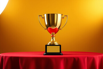 Gold Trophy Award on Red Tablecloth: Symbol of Achievement, Success, and Victory in Sports or Business, Lit with Dramatic Lighting