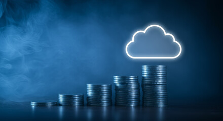 Cloud Computing Cost Savings: Stacks of Coins Ascending to Cloud Icon, Financial Growth in the Cloud, Blue Tone, Business & Technology Concept