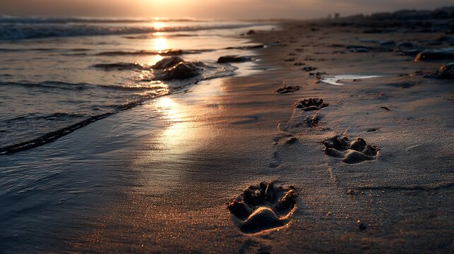Dog paw prints on the wet sand of a beach at sunset, creating a golden path towards the ocean, symbolizing companionship and the beauty of nature - Powered by Adobe