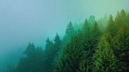 Fototapeta premium Misty Forest Landscape with Lush Green Trees and Atmospheric Fog in Nature's Tranquil Setting