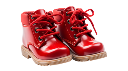 Red patent leather boots reflect light. Perfect for product staging, posters, or kids' branding with a transparent background.