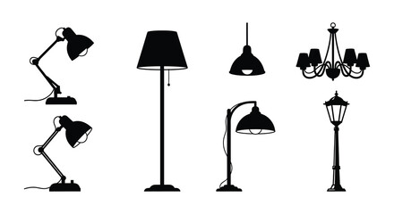 Variety of lighting fixtures in black silhouettes lamps chandeliers and streetlights