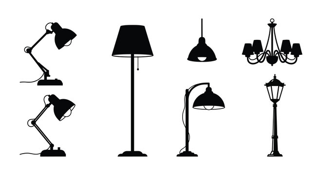 Variety of lighting fixtures in black silhouettes lamps chandeliers and streetlights