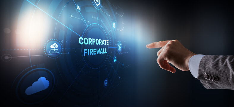 Corporate firewall system protecting business network from cyber threats and data breaches