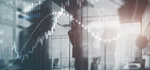 Financial histograms against the backdrop of offices. 2025 Finance background