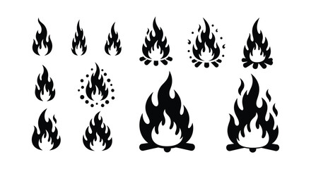 Collection of black silhouette flame designs for various creative projects