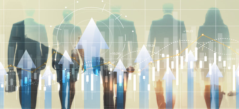 Businesspeople analyzing financial growth charts and data on digital screen