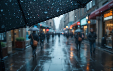 Atmospheric view from under an umbrella of a bustling city street on a rainy day, with pedestrians and wet, reflective pavement
