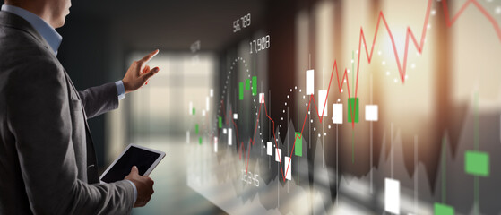 Business growth chart with burning candle on stack of coins, financial success concept