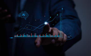 Businessman analyzing stock market growth with AI. Hologram graph showing financial success, predictive analytics, and economic recovery.