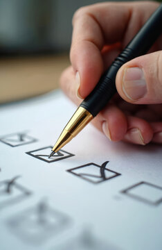 Person checks off a checklist with black pen. Close-up shot of survey form filled with crosses in check boxes. Voting and decision making on paper.