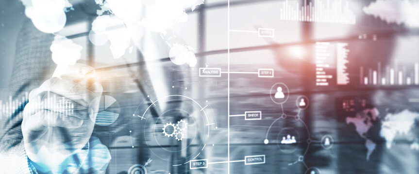 Business dashboard with key performance indicators on a virtual screen city interface