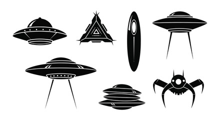 A collection of black and white illustrations depicting various unidentified flying objects