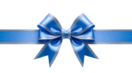 A perfect blue satin ribbon tied into an elegant bow, with sparkling silver glitter edges