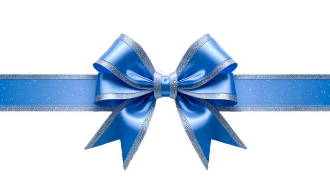 A perfect blue satin ribbon tied into an elegant bow, with sparkling silver glitter edges