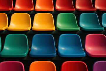 Fototapeta premium Colorful stadium seating arranged in rows with vibrant red, orange, yellow, green, blue, and purple plastic chairs creating lively and dynamic pattern