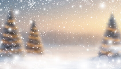 Winter Wonderland: A serene winter scene unfolds with softly blurred Christmas trees shimmering under a gentle snowfall, capturing the magic of the season and evoking a sense of tranquility.