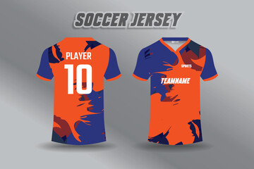 Soccer jersey design with abstract orange and blue pattern for sports team