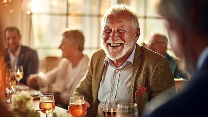 A happy senior man with a white beard laughing at a dinner party. Cheerful elderly grandfather enjoying a celebration with friends in a restaurant. Joyful retirement and social connection concept - Powered by Adobe