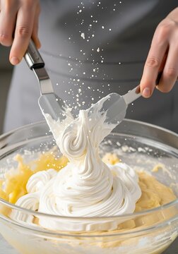Culinary crafting, melding fluffy meringue into rich batter for delightful confectionery preparation