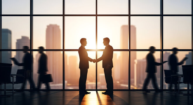 Blurred silhouette of two business people shaking hands, large office window with soft cityscape bokeh, professional atmosphere, high quality