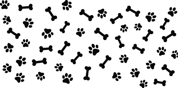 Dog paw prints and bone pattern on white background