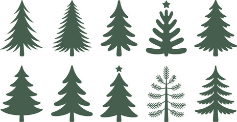 Obraz premium Collection of diverse green christmas tree silhouettes and icons