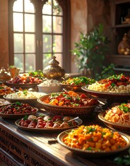 Fototapeta premium A bountiful feast displays numerous dishes on a wooden table. Sunlight streams through a large window, illuminating the spread