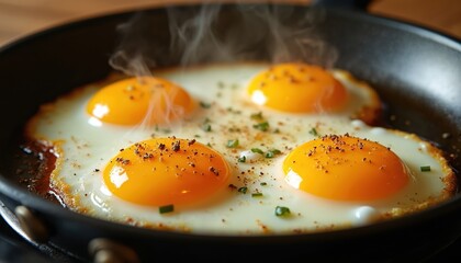 Four sunny side up eggs fry in pan. Yolk is vibrant, egg is topped with herbs and pepper. Steam rises from hot fried food. Simple tasty protein meal on breakfast.