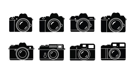A collection of vintage and modern camera silhouettes in black and white