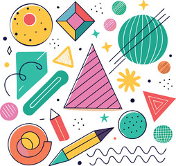 Funky crayon drawn geometric shapes and doodle lines silhouette