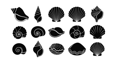 Collection of black silhouette seashells arranged in a grid pattern