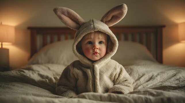 Adorable baby in a bunny costume sitting on a cozy bed at home.