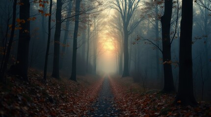 Fototapeta premium Forest path vanishing into sudden evening darkness autumn leaves frost on ground 