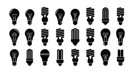 Collection of various light bulb shapes in a black and white illustration