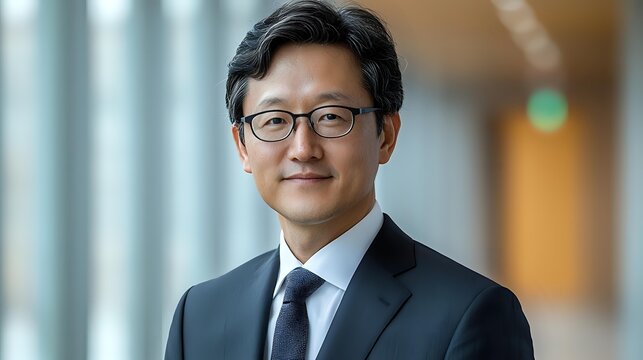 Asian businessman in formal suit and glasses smiling confidently in modern office hallway with blurred background. Professional corporate portrait.