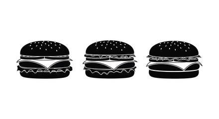 Two black and white illustrations of stacked burgers with visible ingredients