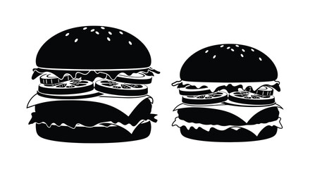 Two black and white illustrations of stacked burgers with visible ingredients