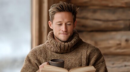 Young man in cozy brown sweater with eyes closed, holding coffee mug and book against rustic wooden cabin background, enjoying peaceful moment.